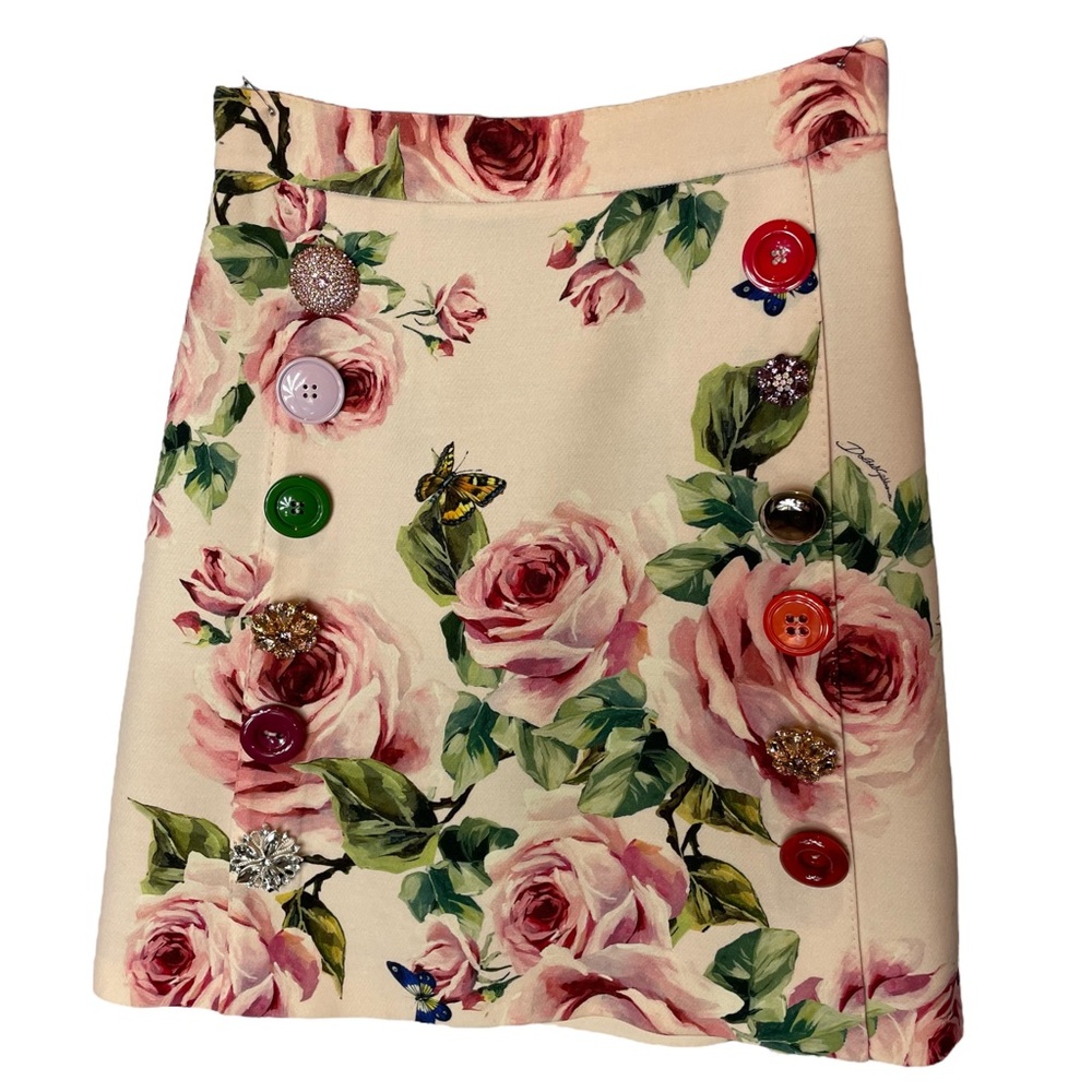Dolce & Gabbana Pink Floral Skirt with Large Buttons and Lace Liner